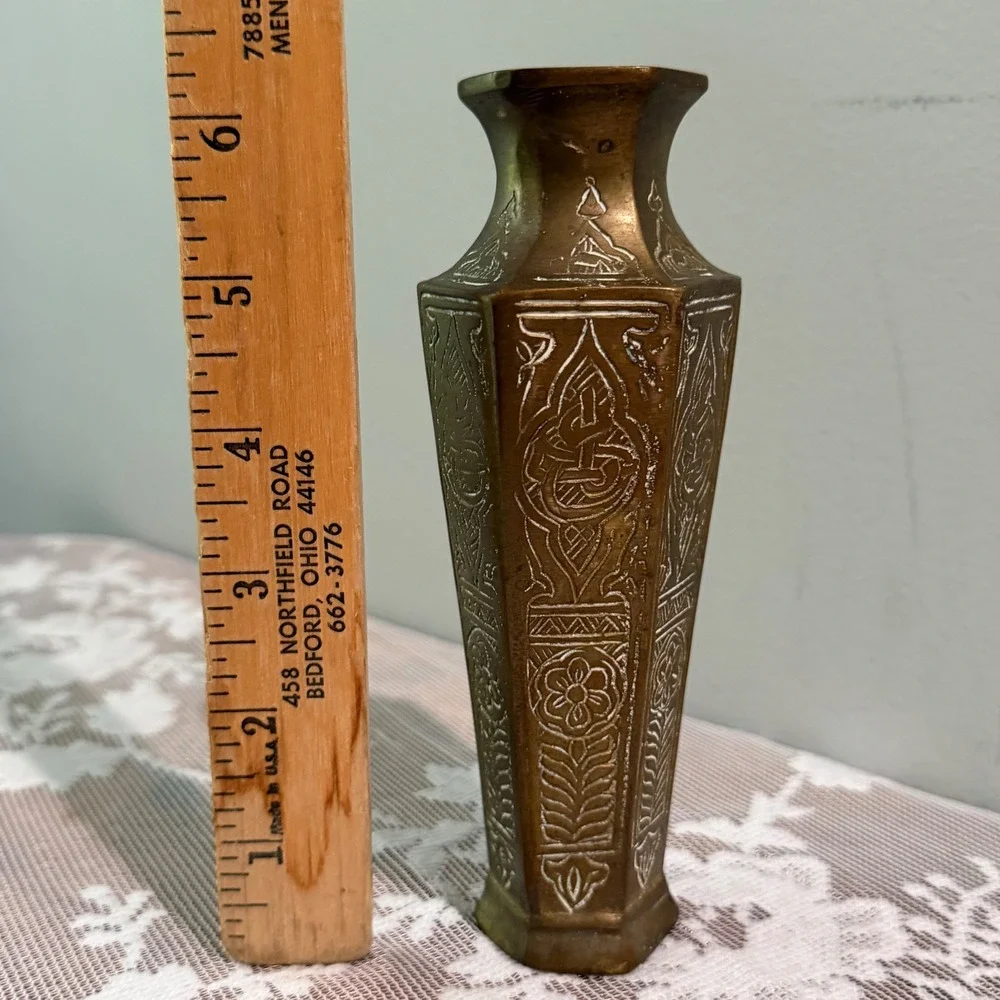 Vintage Etched Brass Bud Vase Unisex 5.5in Gold Middle Eastern Hexagonal